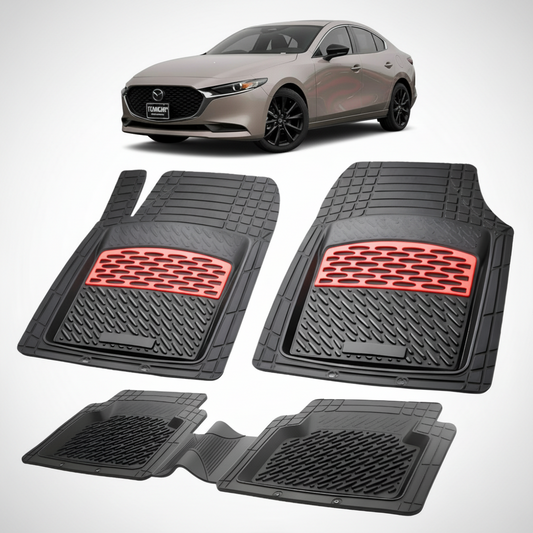 set de covorase din cauciuc negre cu accente rosii cu o mazda 3 bp facelift sedan bronz deschis in fundal