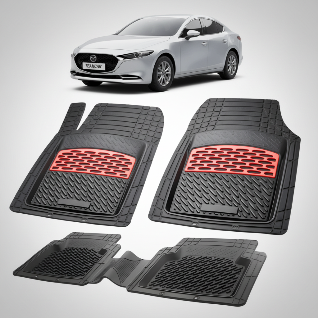 set de covorase din cauciuc negre cu accente rosii cu o mazda 3 bp sedan argintie in fundal