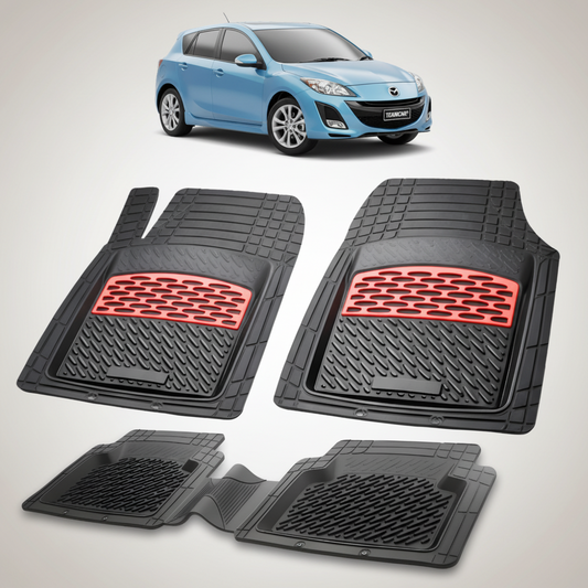 set de covorase din cauciuc negre cu accente rosii cu o mazda 3 generatia II albastra in fundal