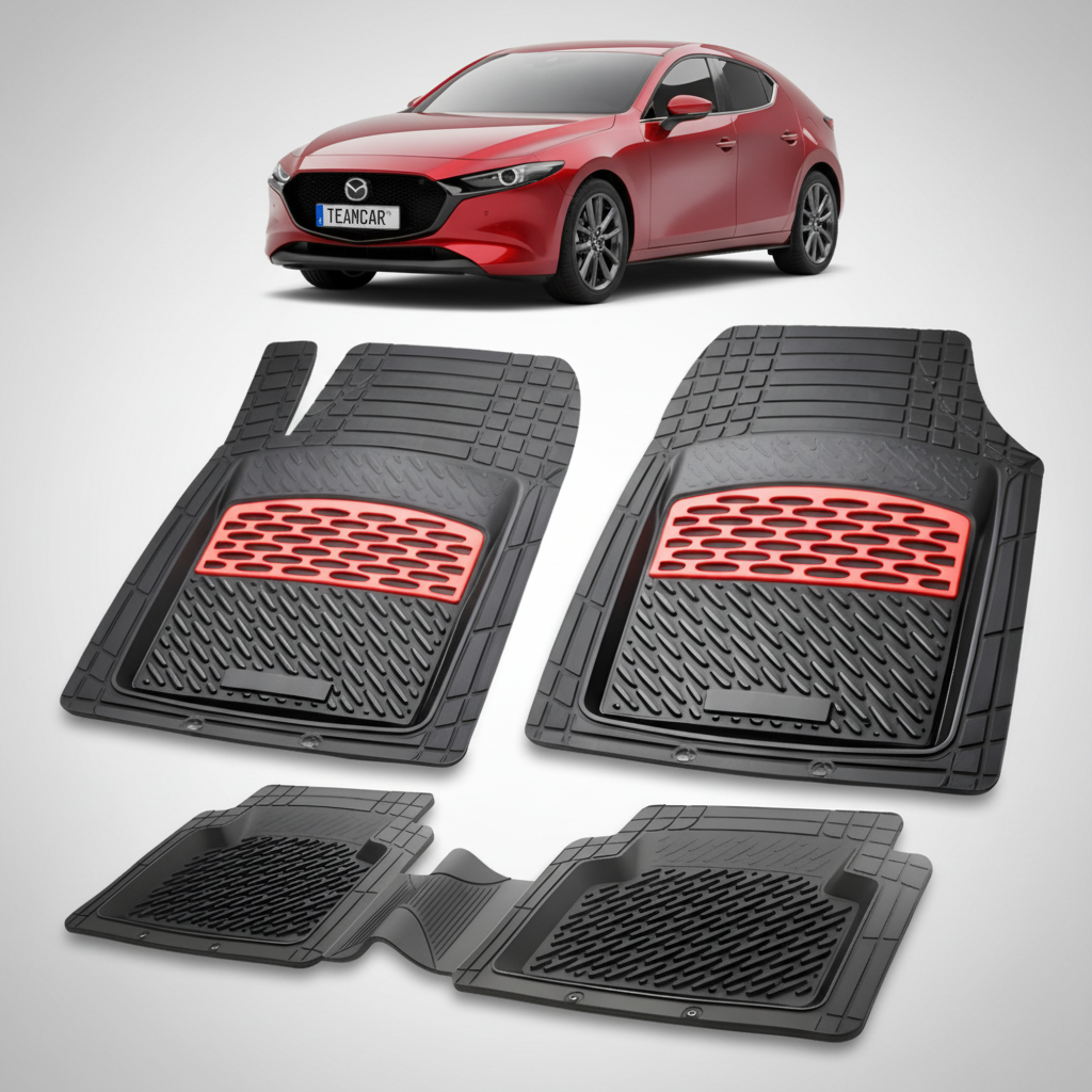set de covorase din cauciuc negre cu accente rosii cu o mazda 3 generatia IV rosie in fundal