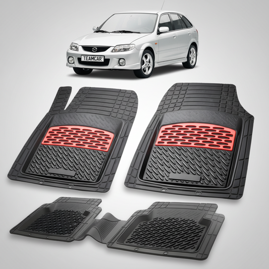 set de covorase din cauciuc negre cu accente rosii cu o mazda 323 bj facelift hatchback 5 usi argintie in fundal