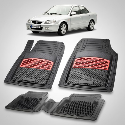 set de covorase din cauciuc negre cu accente rosii cu o mazda 323 bj facelift sedan argintie in fundal