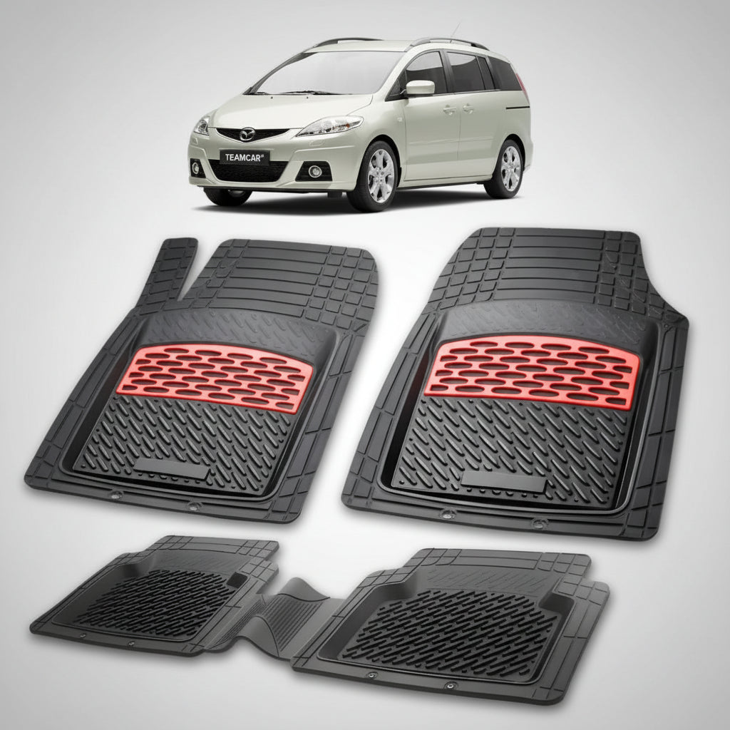 set de covorase din cauciuc negre cu accente rosii cu o mazda 5 cr facelift mpv bej in fundal