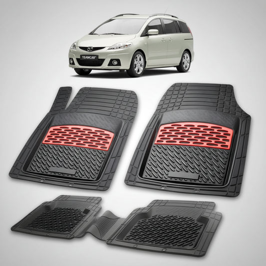 set de covorase din cauciuc negre cu accente rosii cu o mazda 5 cr facelift mpv bej in fundal