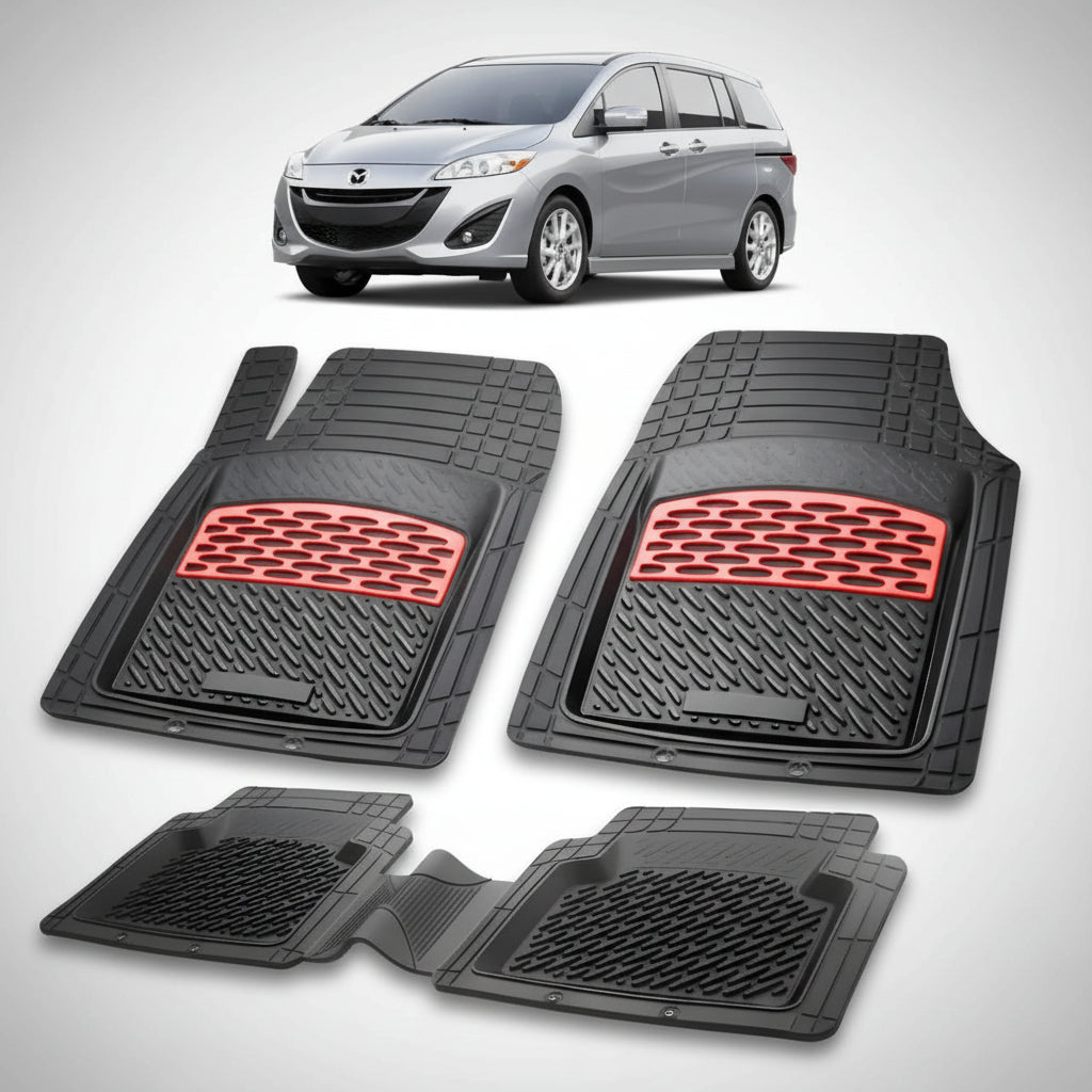 set de covorase din cauciuc negre cu accente rosii cu o mazda 5 cw facelift mpv gri deschis in fundal