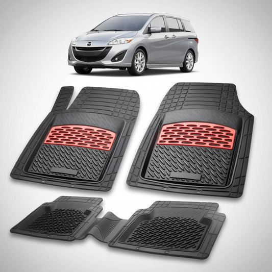 set de covorase din cauciuc negre cu accente rosii cu o mazda 5 cw facelift mpv gri deschis in fundal