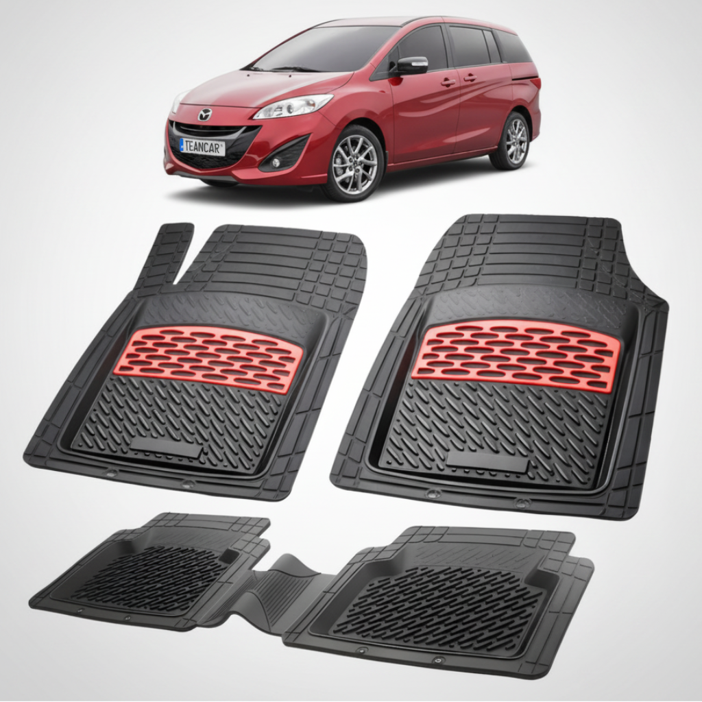 set de covorase din cauciuc negre cu accente rosii cu o mazda 5 generatia 2 rosie in fundal