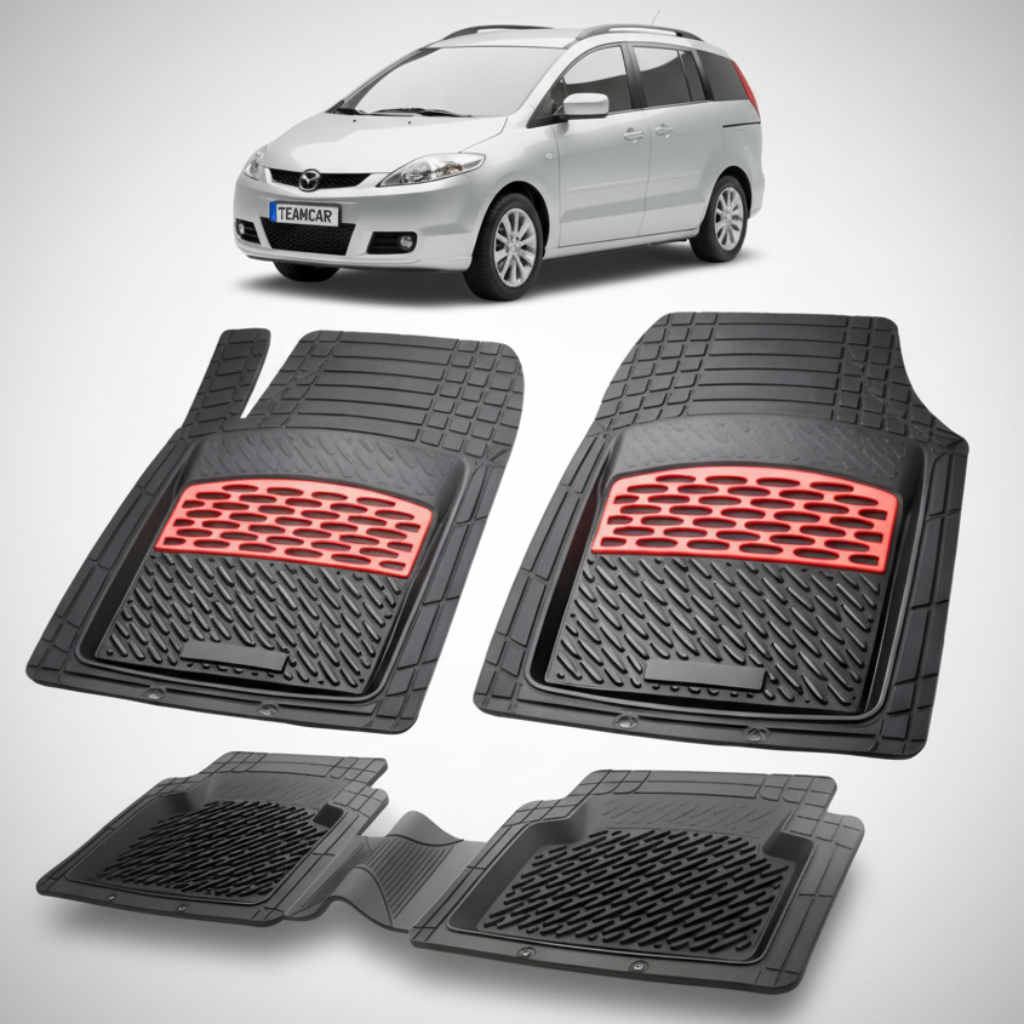 set de covorase din cauciuc negre cu accente rosii cu o mazda 5 gri in fundal
