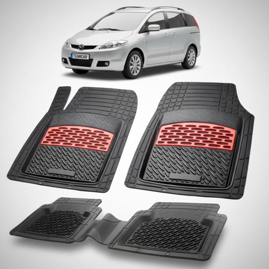 set de covorase din cauciuc negre cu accente rosii cu o mazda 5 gri in fundal