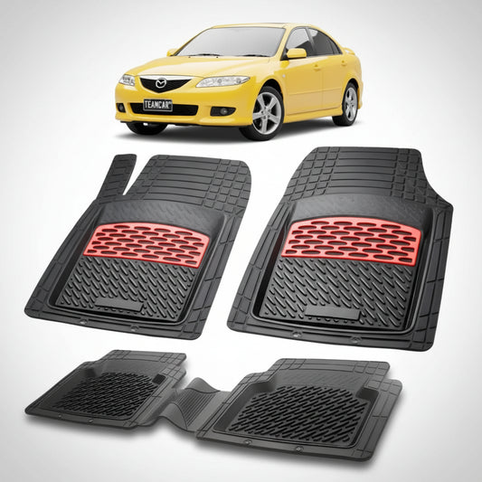 set de covorase din cauciuc negre cu accente rosii cu o mazda 6 gg hatchback 5 usi galbena in fundal