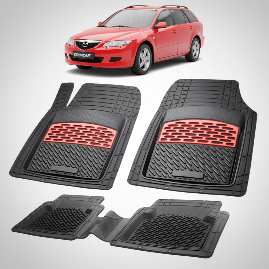 set de covorase din cauciuc negre cu accente rosii cu o mazda 6 gg/gy combi rosu in fundal