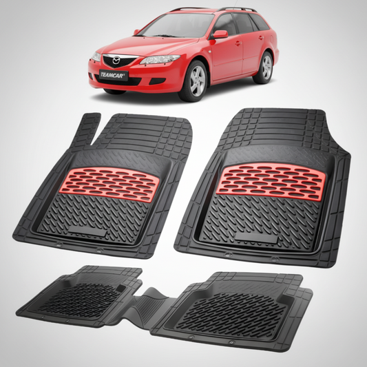 set de covorase din cauciuc negre cu accente rosii cu o mazda 6 gg/gy combi rosu in fundal