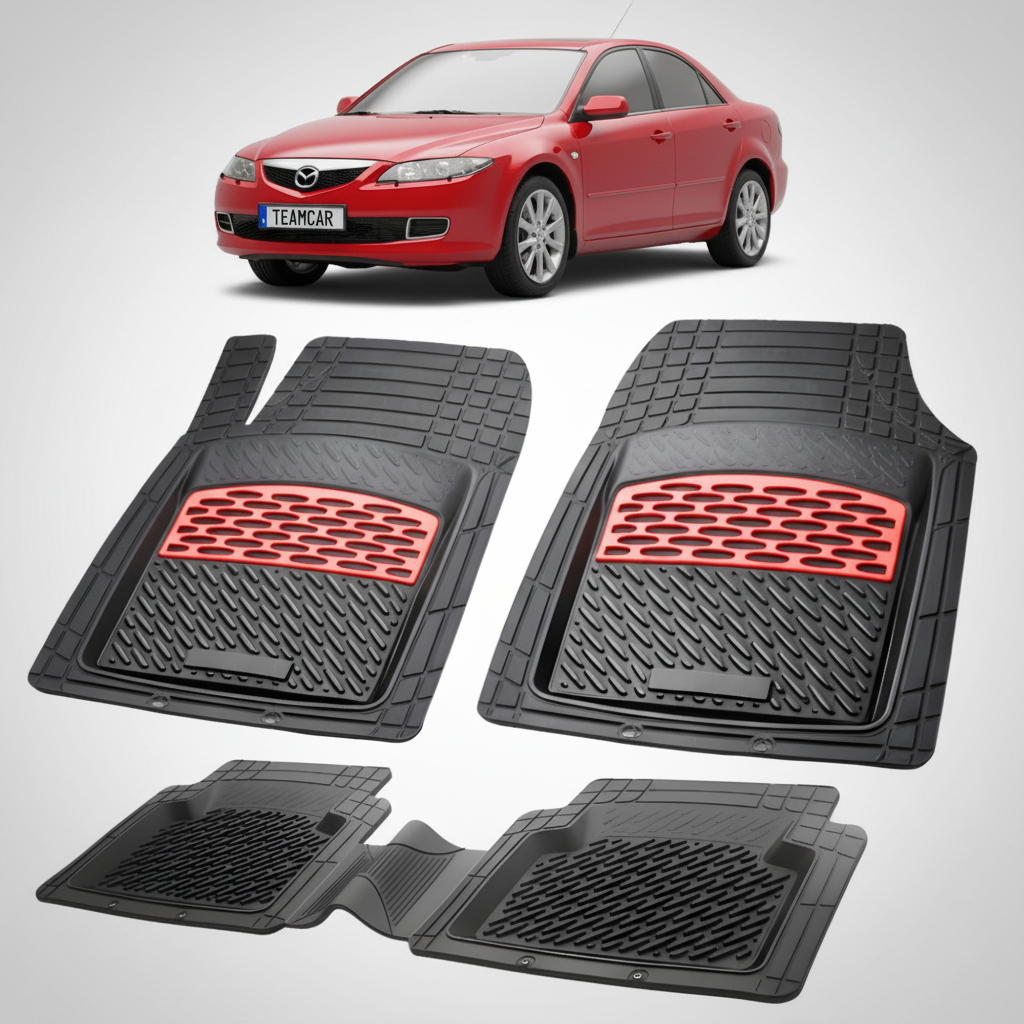 set de covorase din cauciuc negre cu accente rosii cu o mazda 6 gg/gy sedan rosu in fundal