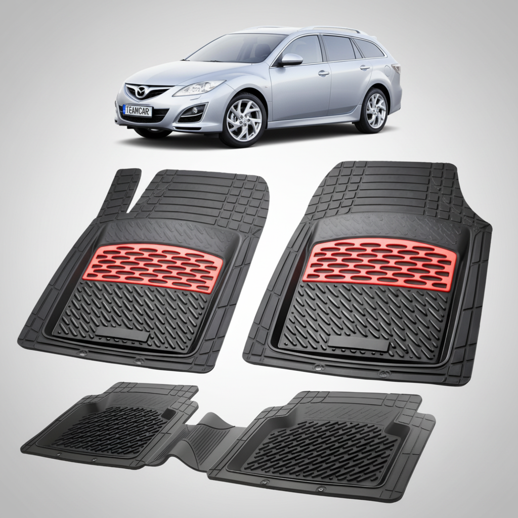 set de covorase din cauciuc negre cu accente rosii cu o mazda 6 gh combi gri albastrui deschis in fundal