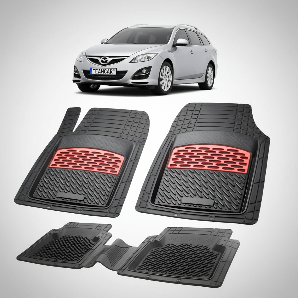 set de covorase din cauciuc negre cu accente rosii cu o mazda 6 gh facelift combi argintiu metalizat in fundal