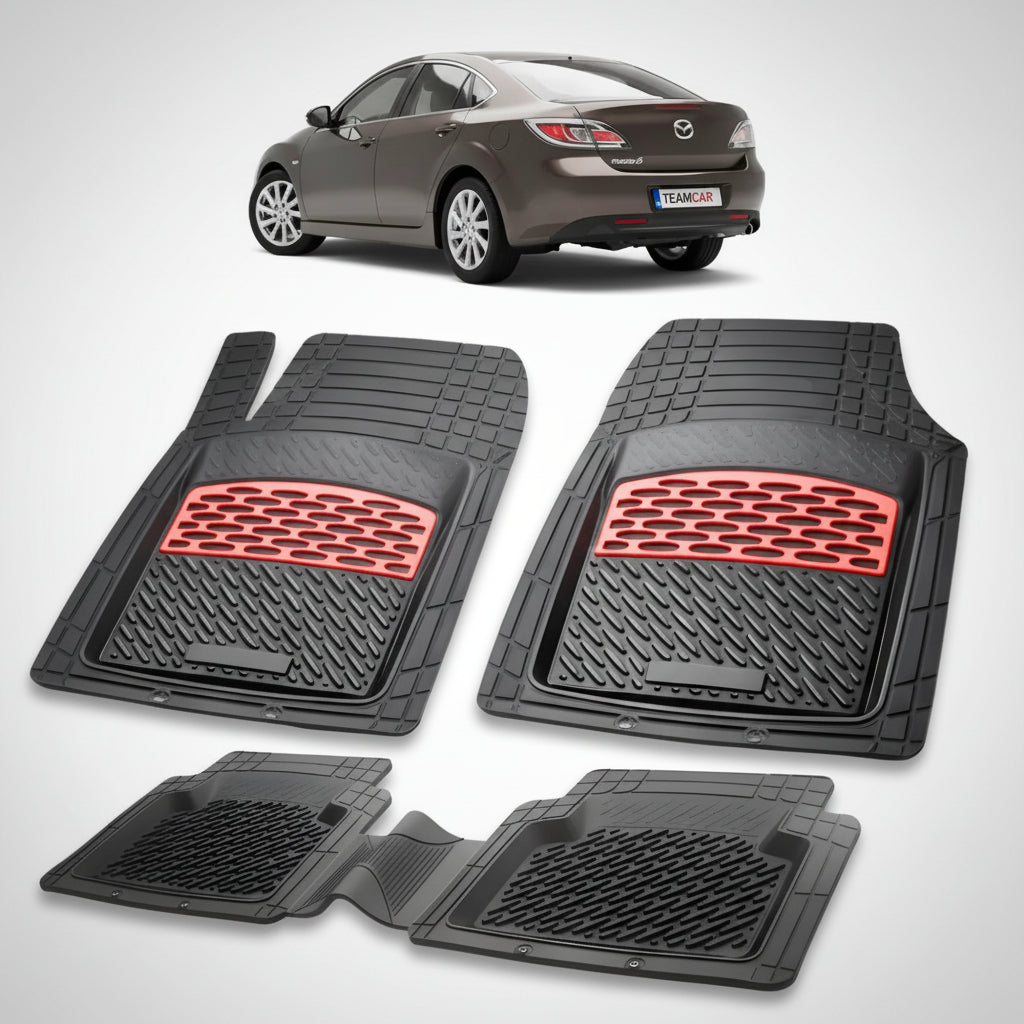set de covorase din cauciuc negre cu accente rosii cu o mazda 6 gh facelift hatchback 5 usi maro inchis in fundal