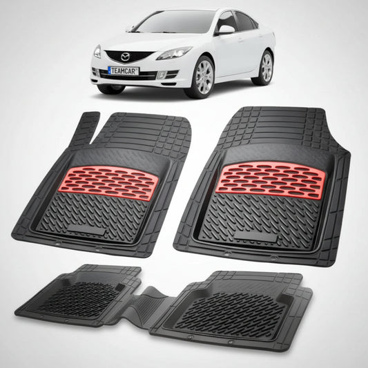 set de covorase din cauciuc negre cu accente rosii cu o mazda 6 gh hatchback 5 usi alb in fundal