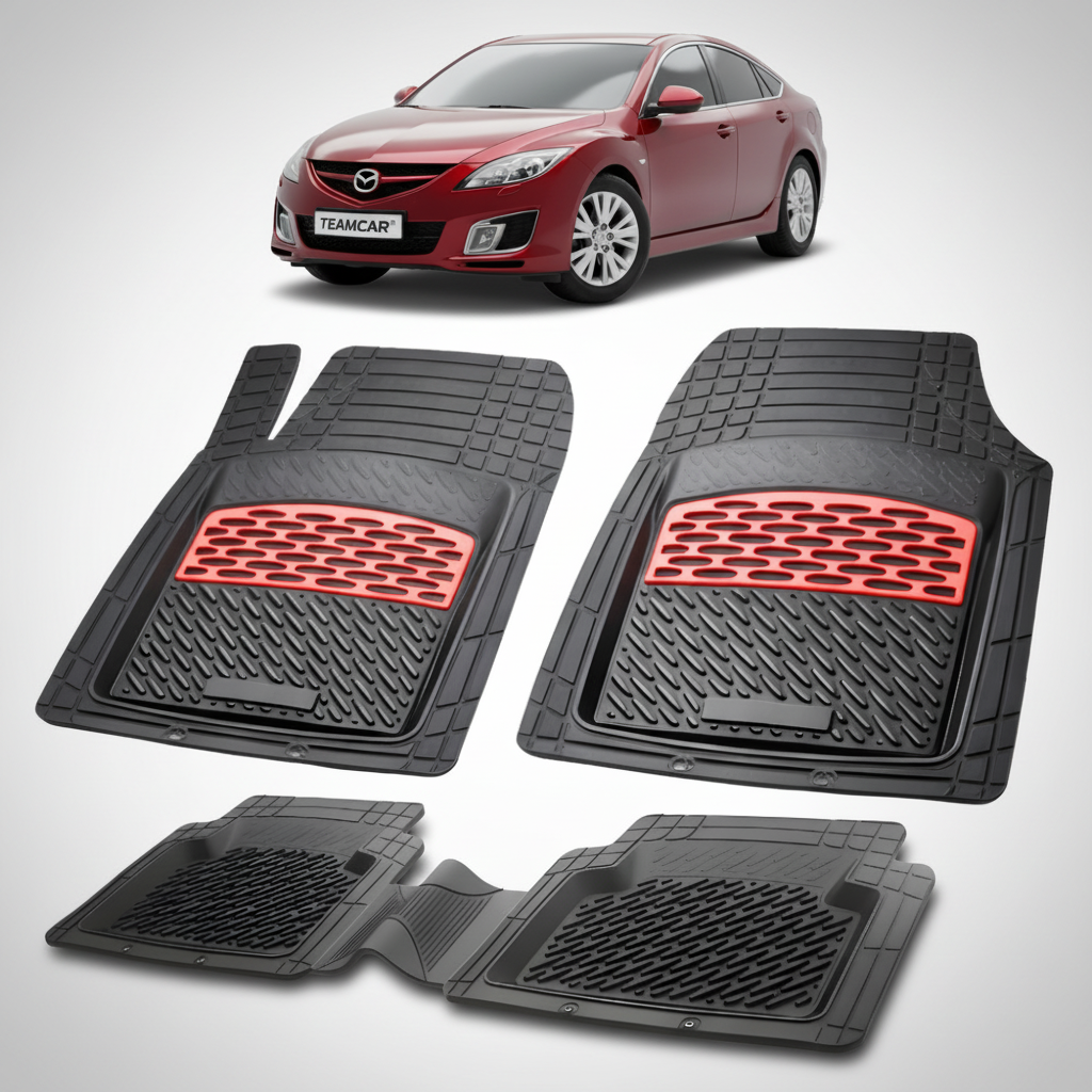 set de covorase din cauciuc negre cu accente rosii cu o mazda 6 gh sedan rosu in fundal
