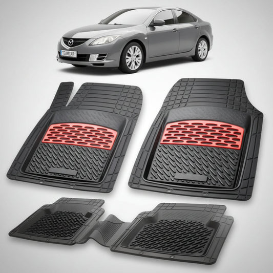 set de covorase din cauciuc negre cu accente rosii cu o mazda 6 gh sedan gri inchis in fundal