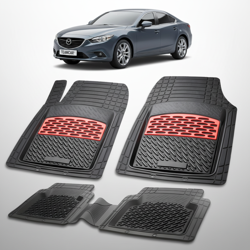 set de covorase din cauciuc negre cu accente rosii cu o mazda 6 gj/gl sedan albastru inchis in fundal
