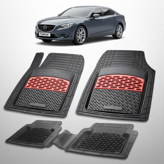 set de covorase din cauciuc negre cu accente rosii cu o mazda 6 gj/gl sedan albastru inchis in fundal