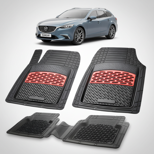 set de covorase din cauciuc negre cu accente rosii cu o mazda 6 gj/gl albastru deschis in fundal