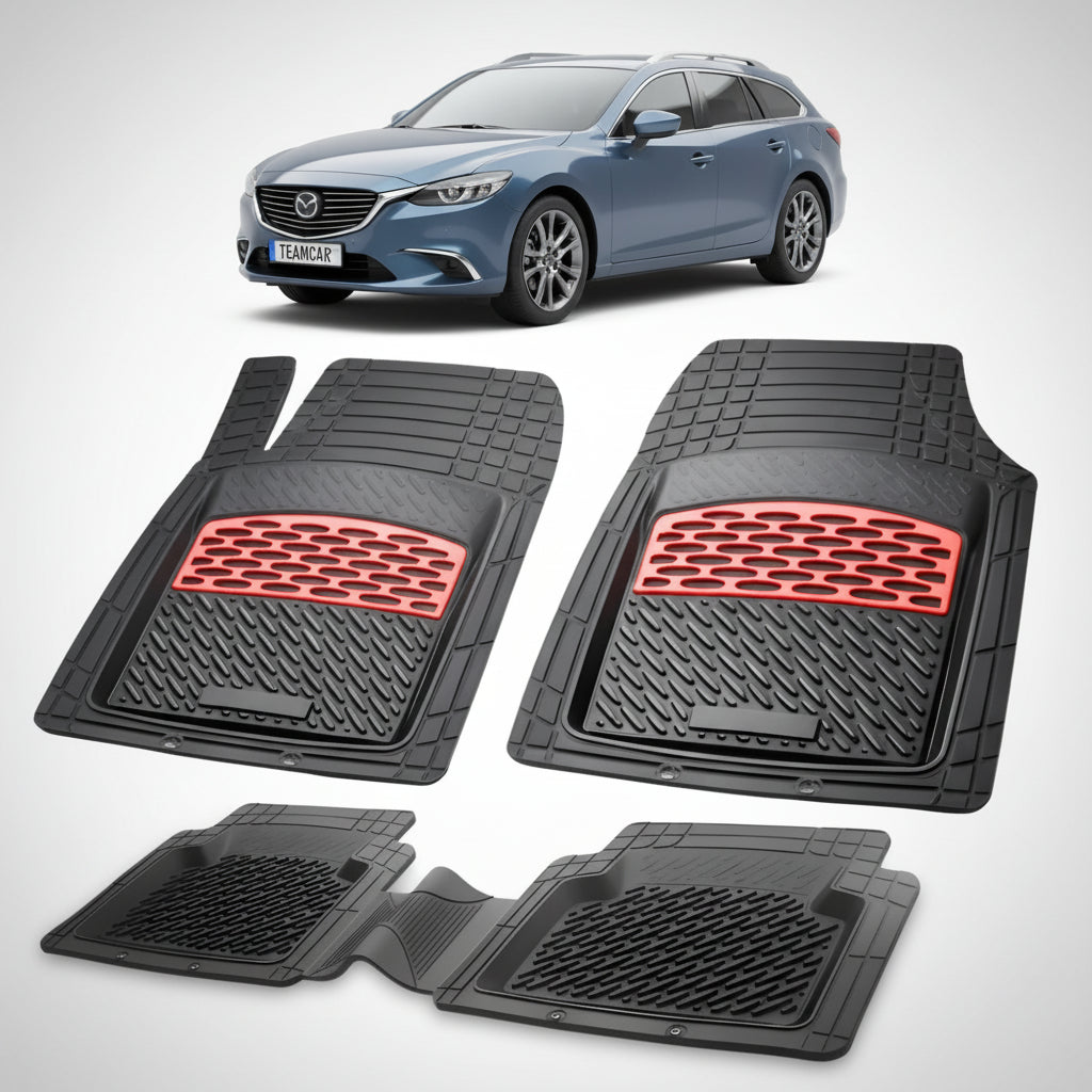 set de covorase din cauciuc negre cu accente rosii cu o mazda 6 gl facelift 1 combi albastra in fundal