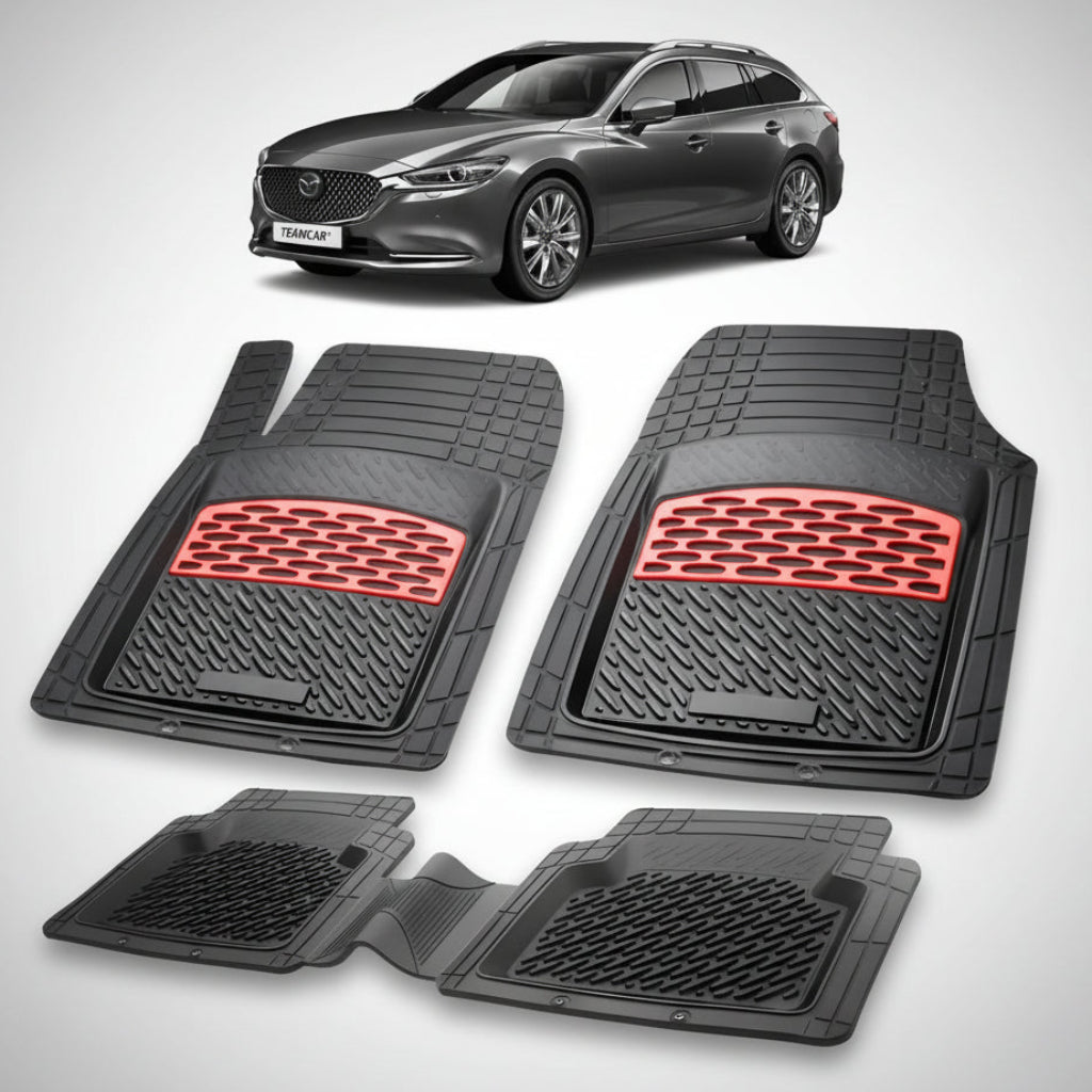 set de covorase din cauciuc negre cu accente rosii cu o mazda 6 gl facelift 2 combi neagra in fundal