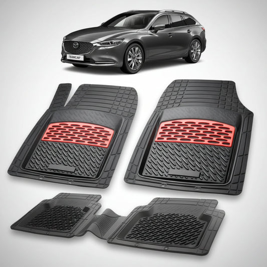 set de covorase din cauciuc negre cu accente rosii cu o mazda 6 gl facelift 2 combi neagra in fundal