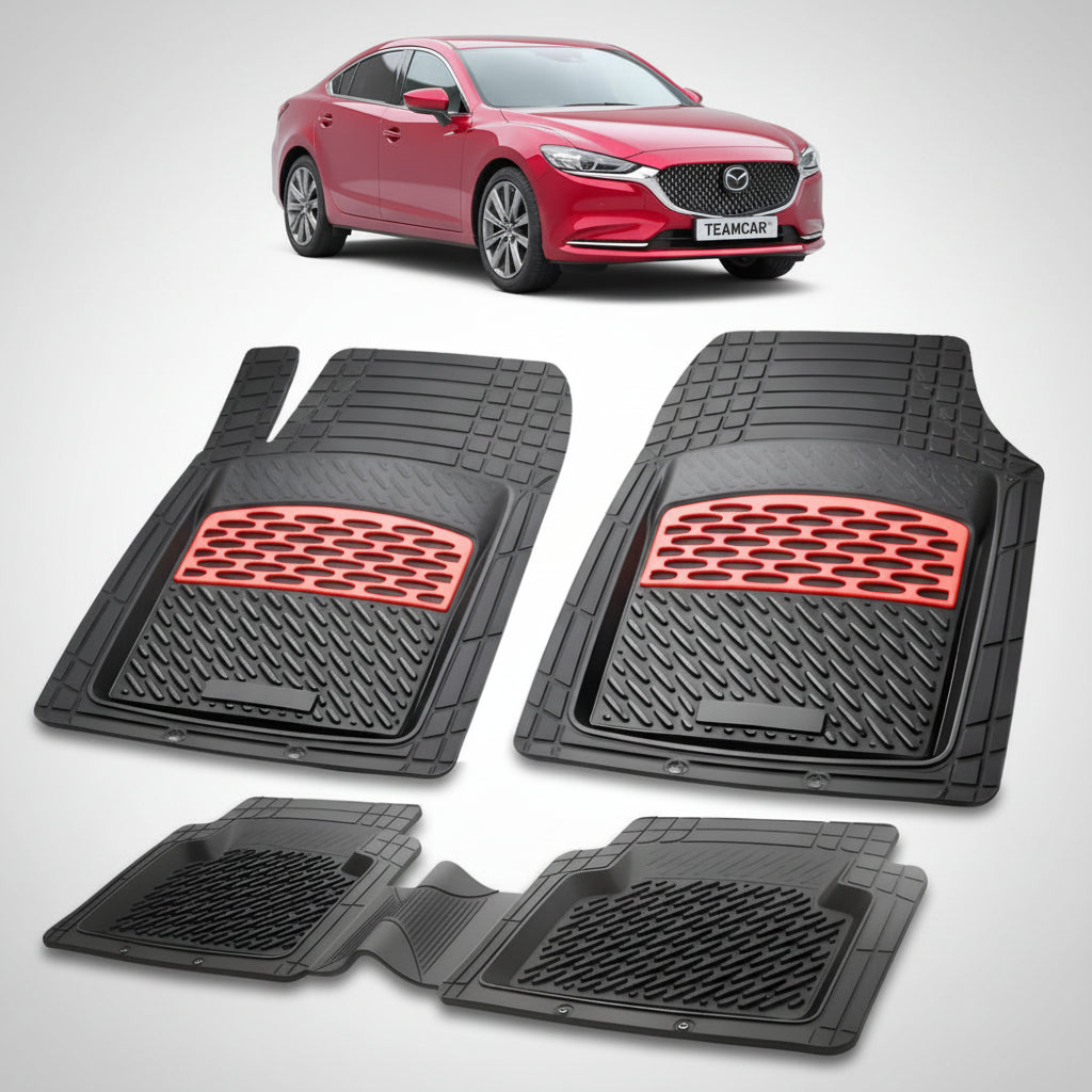 set de covorase din cauciuc negre cu accente rosii cu o mazda 6 gl facelift 2 sedan rosie in fundal