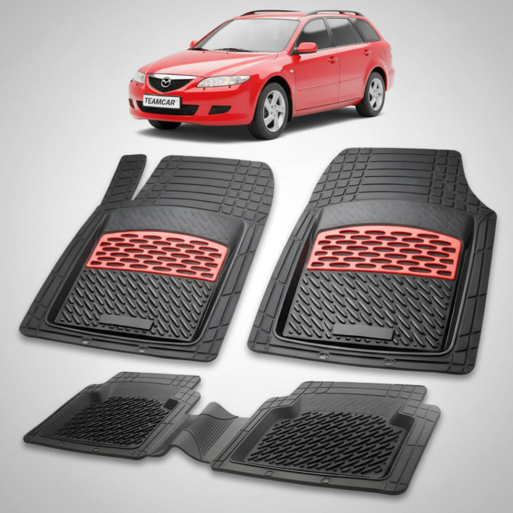 set de covorase din cauciuc negre cu accente rosii cu o mazda 6 gy combi rosie in fundal