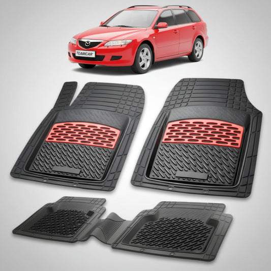 set de covorase din cauciuc negre cu accente rosii cu o mazda 6 gy combi rosie in fundal