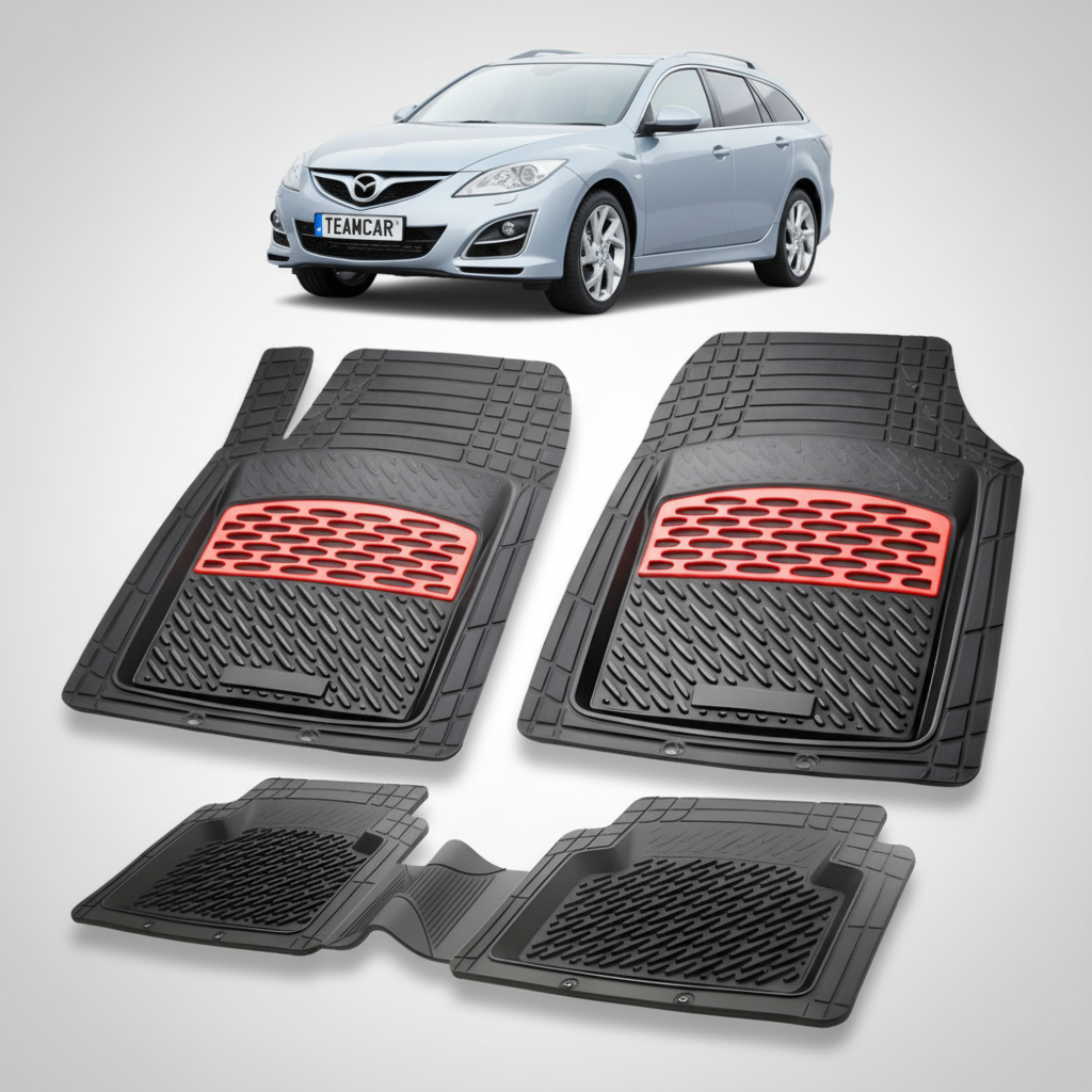 set de covorase din cauciuc negre cu accente rosii cu o mazda 6 generatia 2 albastru deschis in fundal