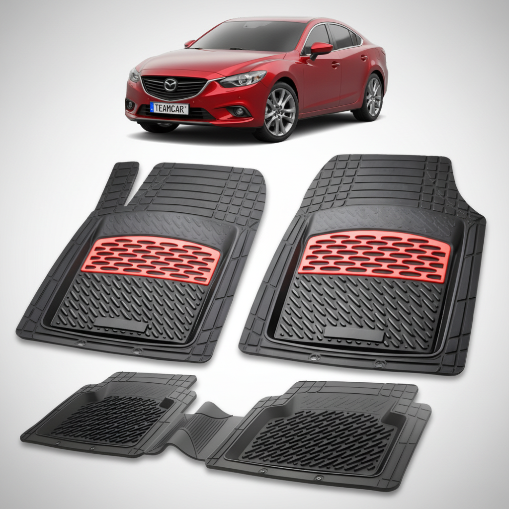 set de covorase din cauciuc negre cu accente rosii cu o mazda 6 generatia 3 rosie in fundal
