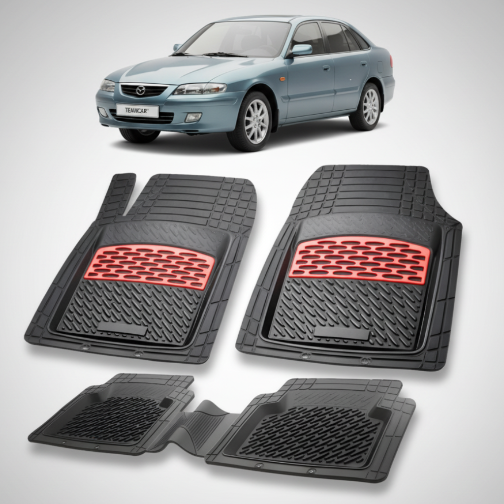set de covorase din cauciuc negre cu accente rosii cu o mazda 626 GF Facelift Hatchback 5 usi albastru-verzui in fundal