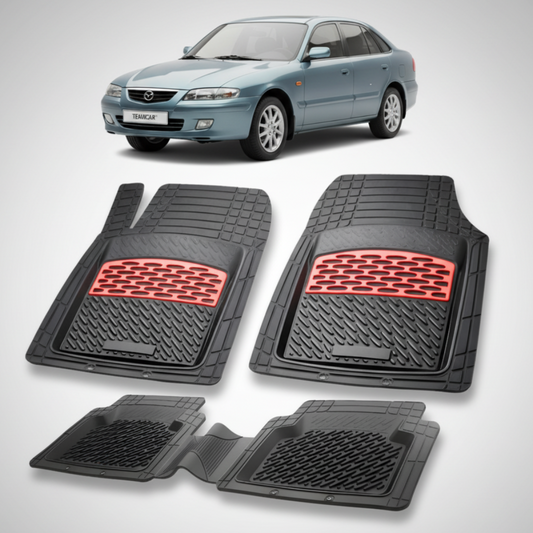 set de covorase din cauciuc negre cu accente rosii cu o mazda 626 GF Facelift Hatchback 5 usi albastru-verzui in fundal