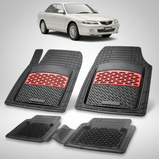 set de covorase din cauciuc negre cu accente rosii cu o mazda 626 GF Facelift sedan argintie-metalizat in fundal