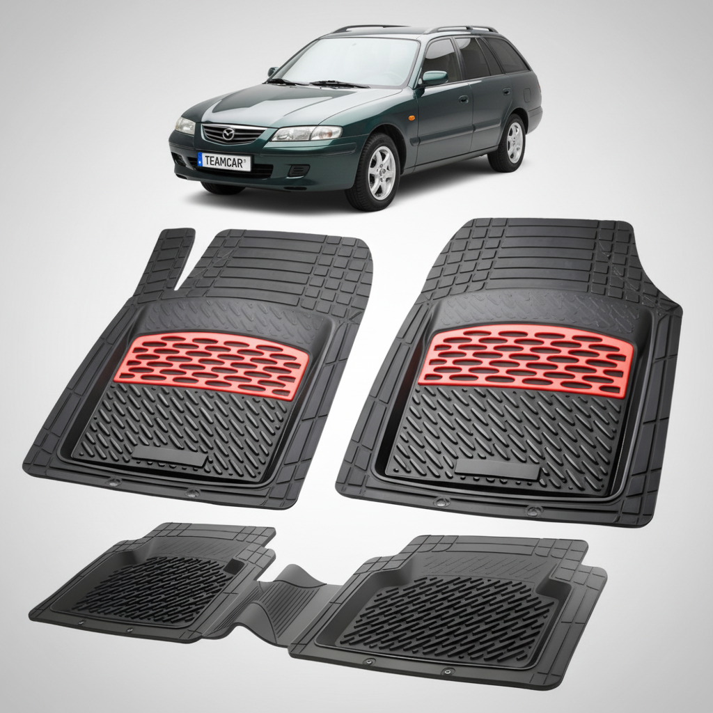 set de covorase din cauciuc negre cu accente rosii cu o mazda 626 GW Facelift combi verde-inchis in fundal
