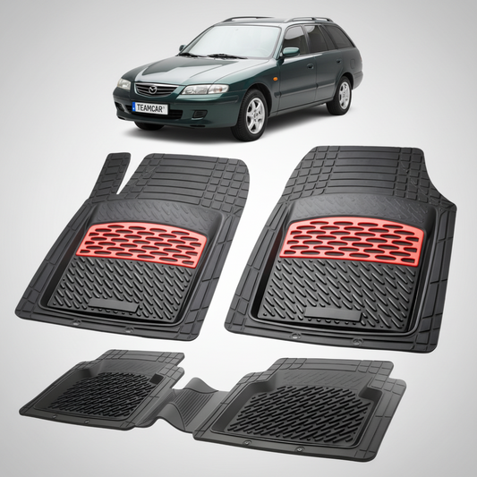 set de covorase din cauciuc negre cu accente rosii cu o mazda 626 GW Facelift combi verde-inchis in fundal