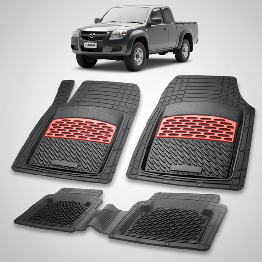 set de covorase din cauciuc negre cu accente rosii cu o mazda tb-50 j97 pick-up gri inchis metalizat in fundal
