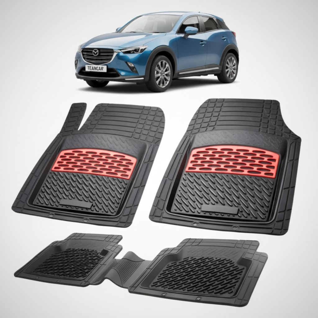 set de covorase din cauciuc negre cu accente rosii cu o mazda cx 3 generatia 1 albastra in fundal