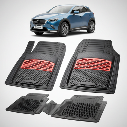 set de covorase din cauciuc negre cu accente rosii cu o mazda cx 3 generatia 1 albastra in fundal
