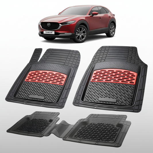 set de covorase din cauciuc negre cu accente rosii cu o mazda cx 30 generatia 1 rosu in fundal