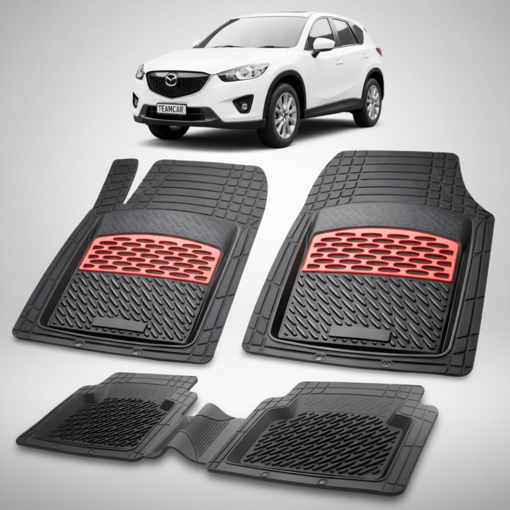 set de covorase din cauciuc negre cu accente rosii cu o mazda cx 5 generatia 1 alb in fundal