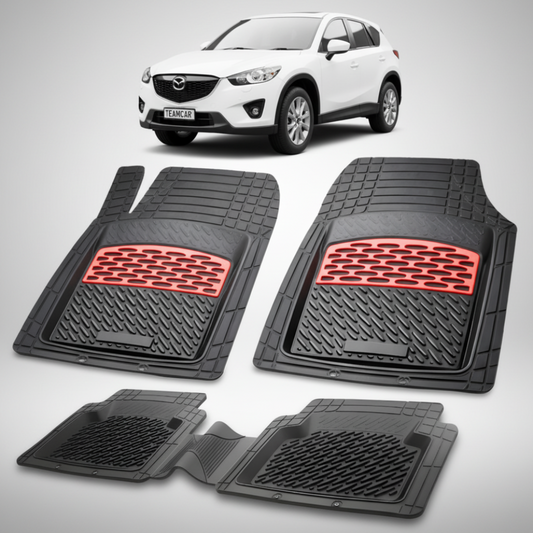 set de covorase din cauciuc negre cu accente rosii cu o mazda cx 5 generatia 1 alb in fundal