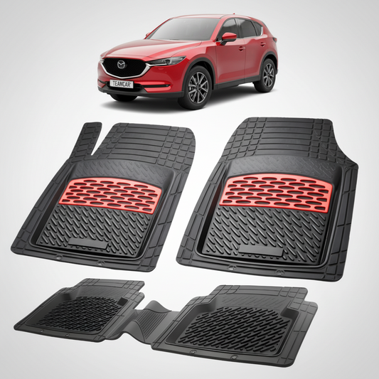set de covorase din cauciuc negre cu accente rosii cu o mazda cx 5 generatia 2 suv rosie in fundal