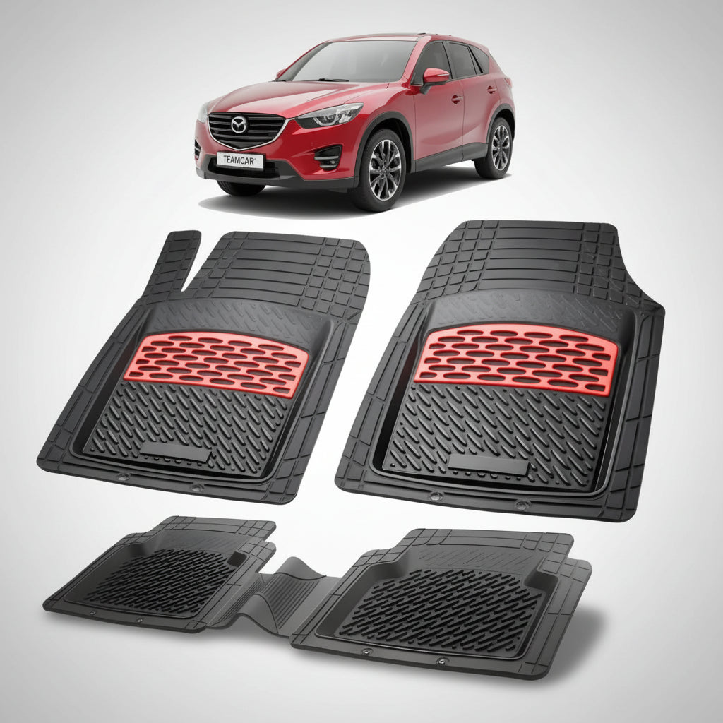 set de covorase din cauciuc negre cu accente rosii cu o mazda cx-5 ke facelift suv rosie in fundal