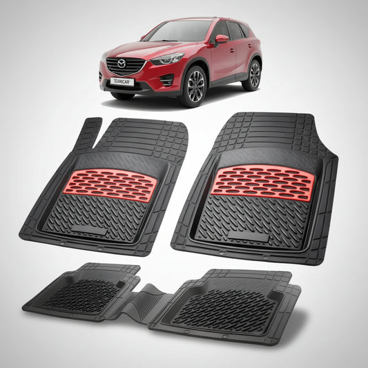 set de covorase din cauciuc negre cu accente rosii cu o mazda cx-5 ke facelift suv rosie in fundal