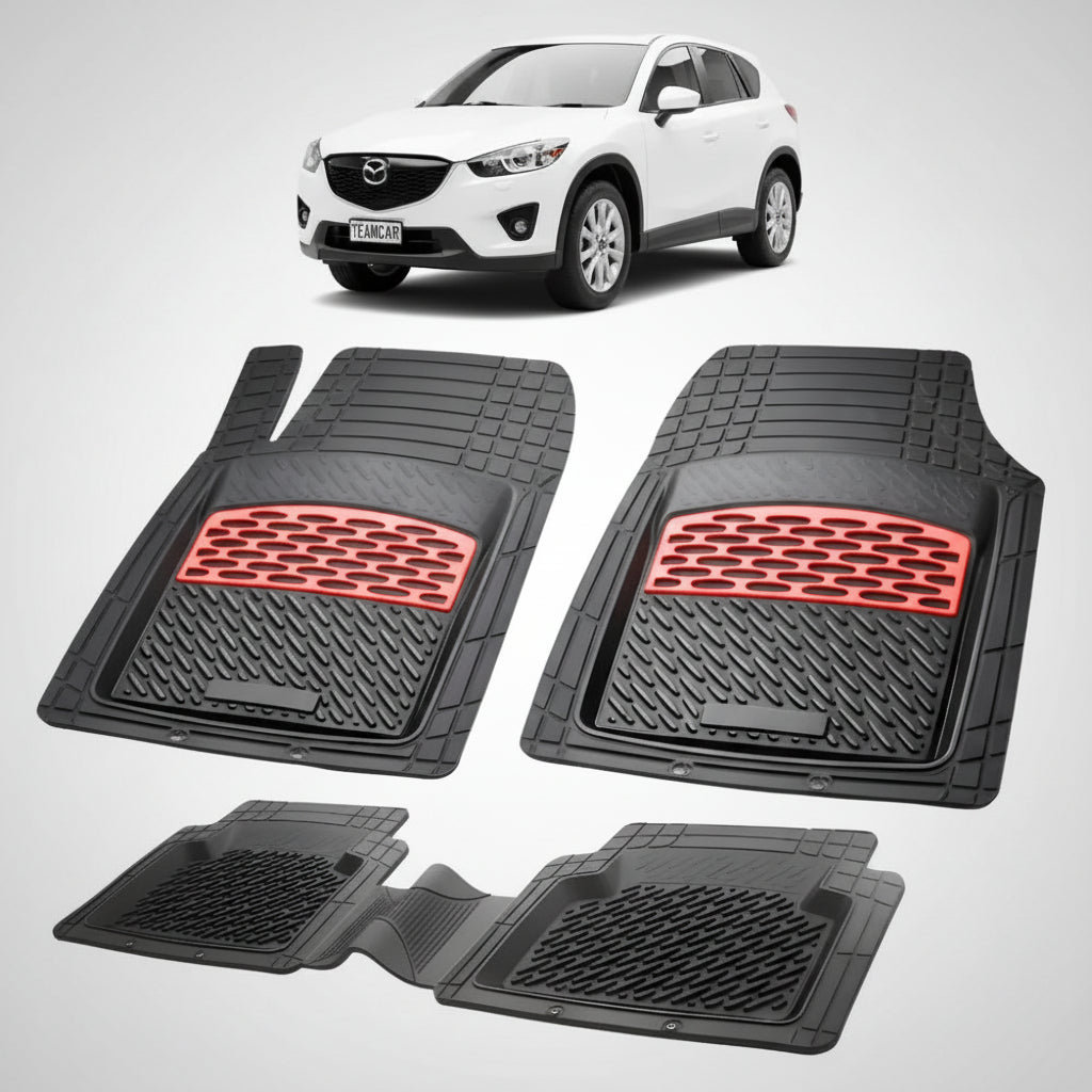 set de covorase din cauciuc negre cu accente rosii cu o mazda cx-5 ke suv alba in fundal