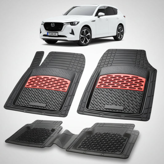 set de covorase din cauciuc negre cu accente rosii cu o mazda cx-60 kh suv alba in fundal